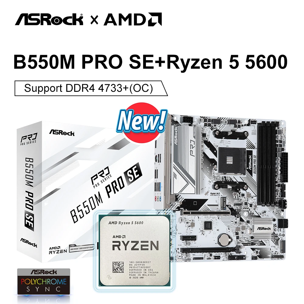 Asrock AMD Kit Ryzen 5 5600 And B550M Pro SE Motherboard AMD B550 placa mae AM4 DDR4 128GB PCI-E 4.0 M.2 SATA III 4733+(OC)MHz