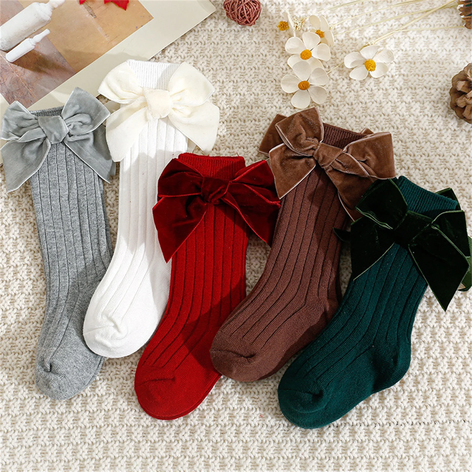 

Bmnmsl Toddler Baby Girls Bow Below Knee Socks Cotton Blend Newborn Bow Ribbed Stockings
