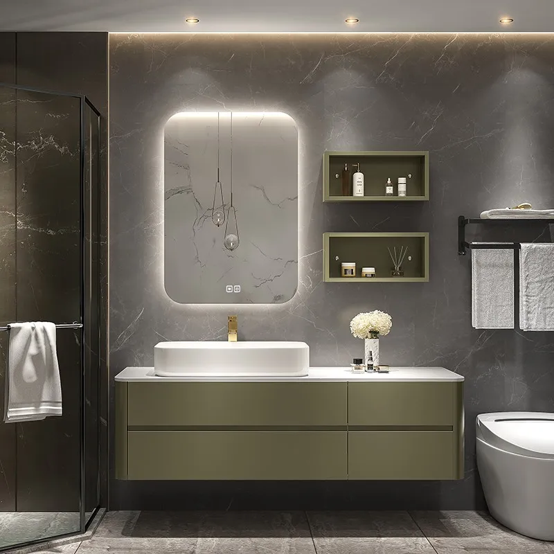 

Light luxury rock plate integrated basin bathroom oak bathroom cabinet combined wall-mounted simple washbasin washbasin