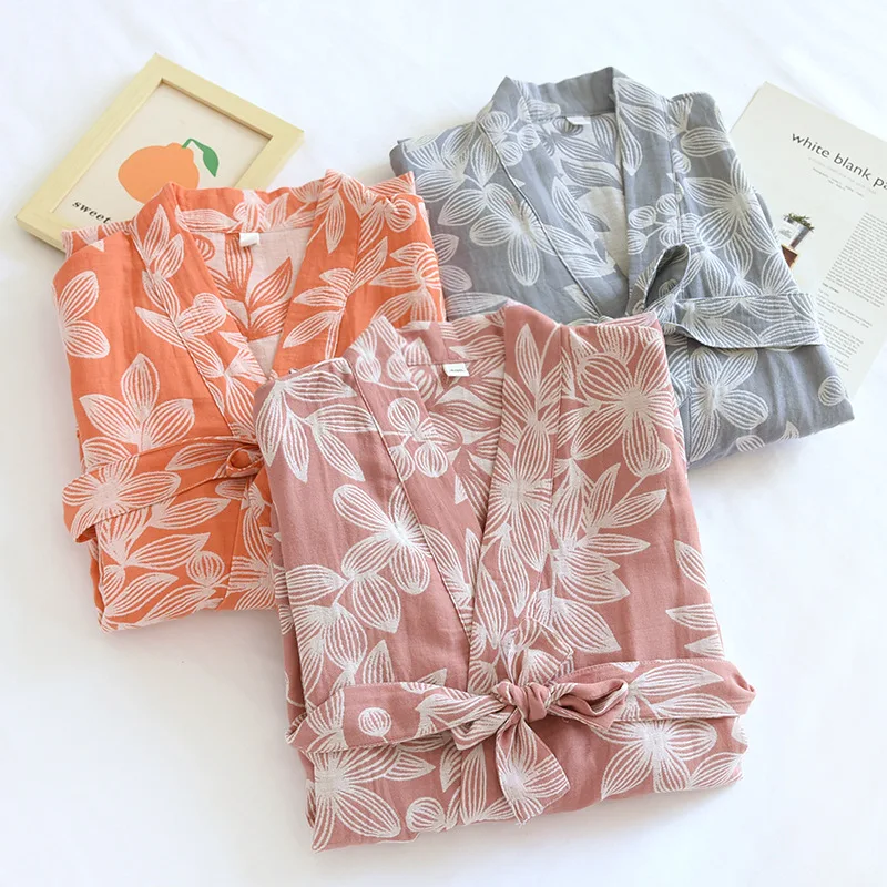 Women's Pure Cotton Gauze Pajamas Thin Jacquard Bathrobes Autumn Long Sleeve Japanese Kimono Robe Loose and Casual Home Wear