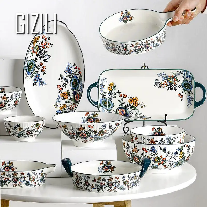 Retro Ceramic Bowl Plate Set Household Hand Painted Bakeware Plate