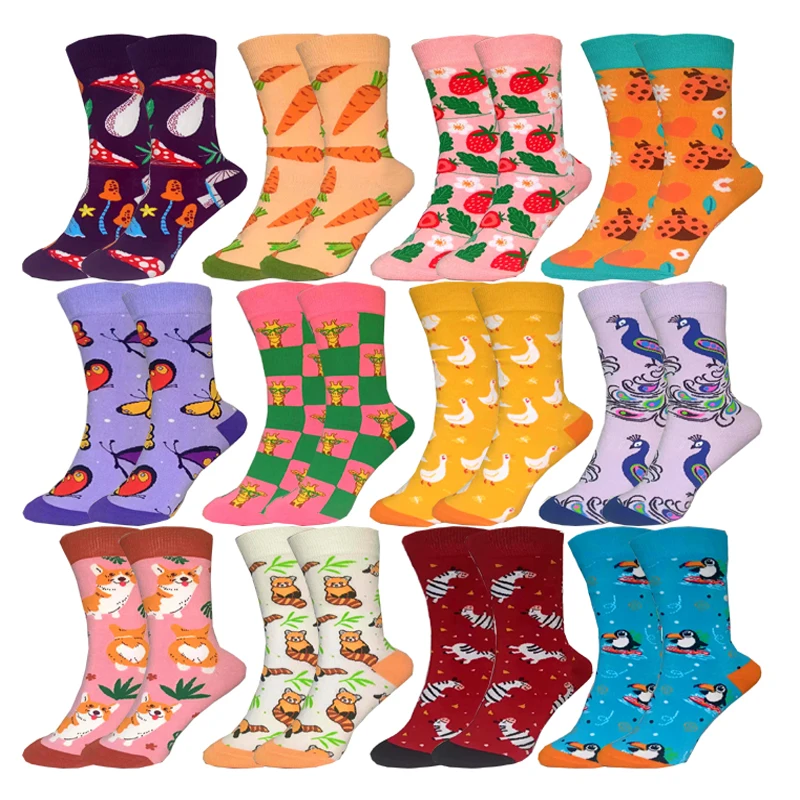 

New Happy Fun Stocking Women Spring Autumn Cartoon Animals Cotton Socks Cute Plant Insects Fruit Everyday Socks Women Christmas