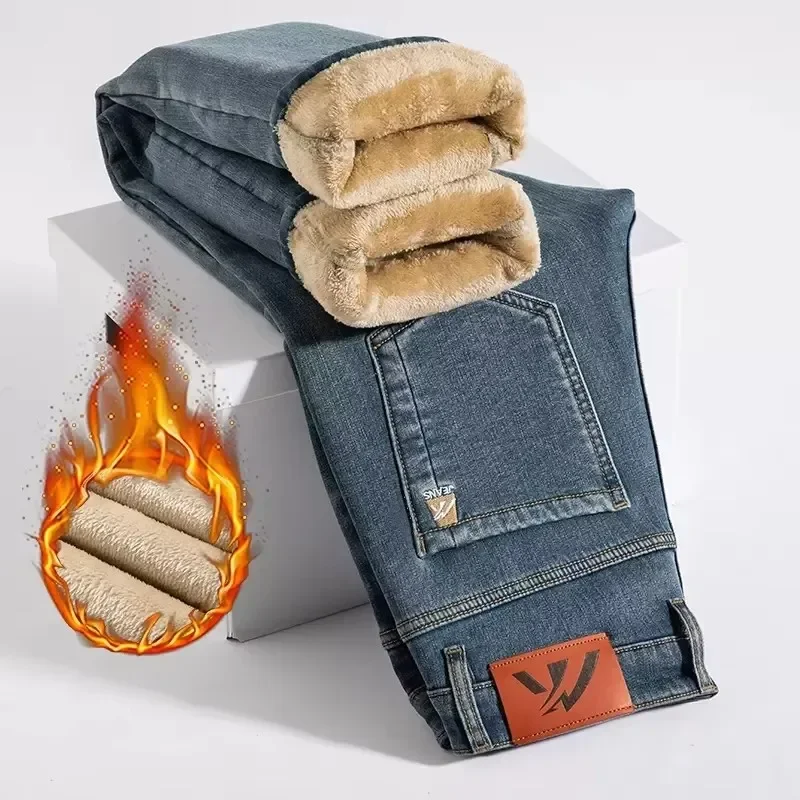 2025 Winter New Men's Fleece Thickened Jeans Retro Blue Hot Straight Casual Pants Stretch Premium Velvet Warm Denim Pants 2