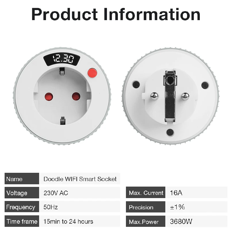 Tuya Smart Plug WIFI EU 16A 3680W Socket Rotatable Countdown LCD Display Timing
