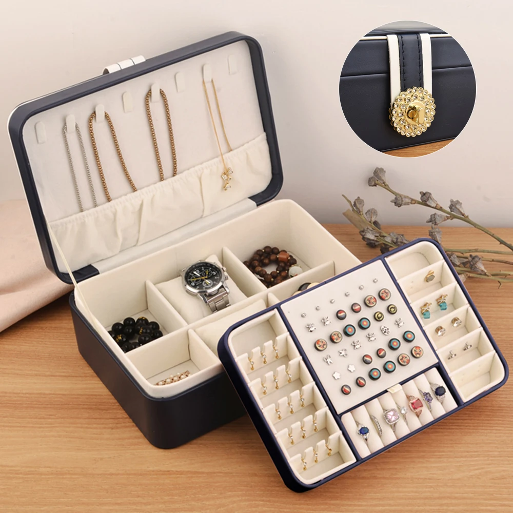 

2-Layer Jewelry Box Organizer PU Leather Watch Storage Case Earrings Rings Necklaces Display Holder with Removable Tray Gift