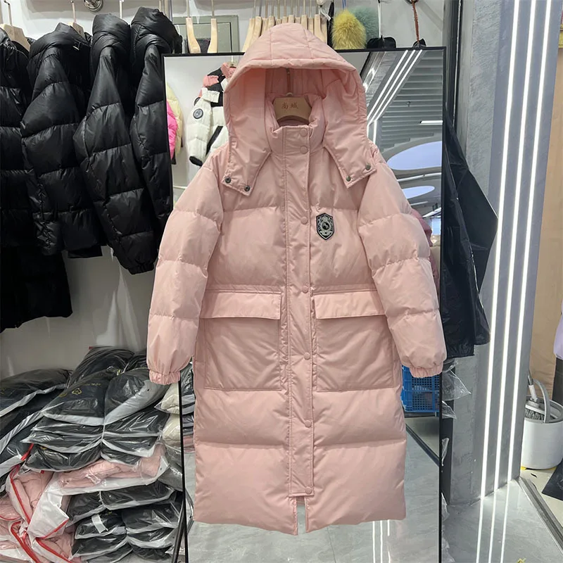 

Женский пуховик средней длины, свободное толстое теплое пальто с капюшоном, повседневная универсальная верхняя одежда на белом утином пуху, зима 2023