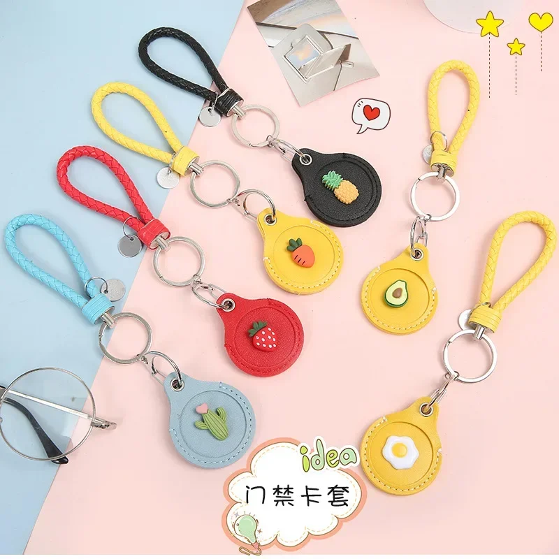 Retro Rectangular Round Keyring Leather Access Card Holder Keychain Community Water Drop Proximity Card Protective Case Key Fob