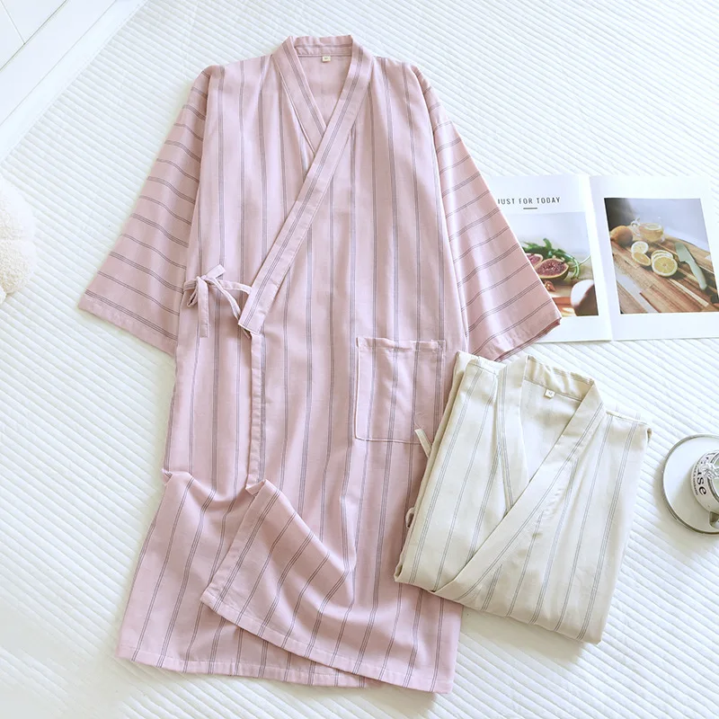 Spring Summer Women and Men Japanese Kimono Sleep Robe Gauze Cotton Couples Casual Striped Nightgown Home Pajama Robe