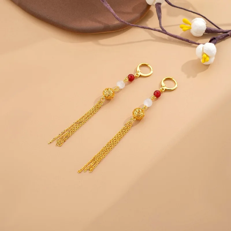 Light luxury 24K real gold hydrangea two-color pearl ear buckle female fashion hollow-out tassel earrings to his girlfriend gift