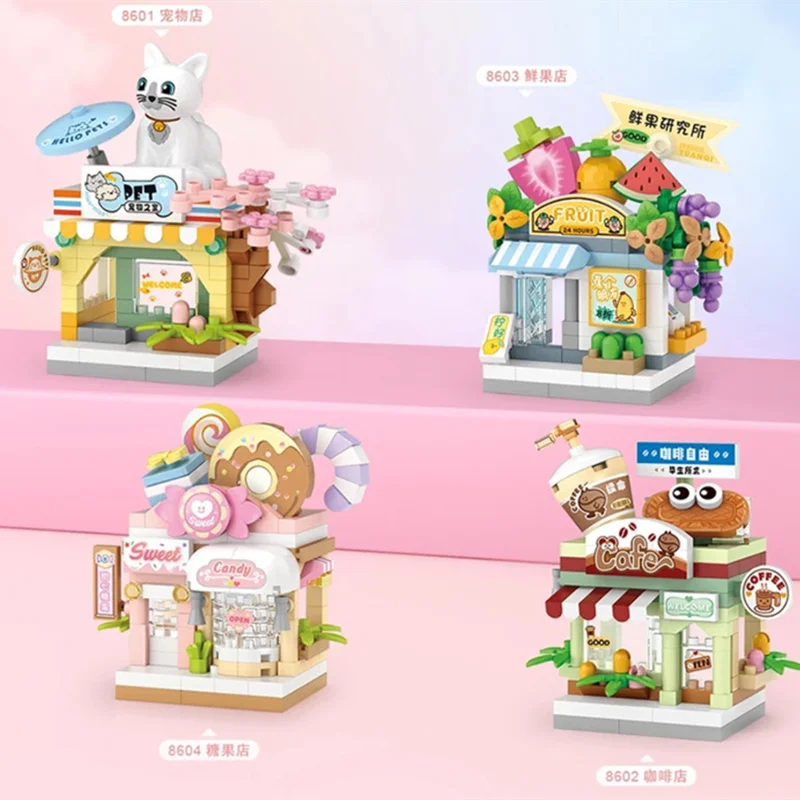 

Mini Street View Building Blocks Educational Assembled Models Coffee Cake Pet Fruit Shop Blocks Small Bricks toys for Girls Boy