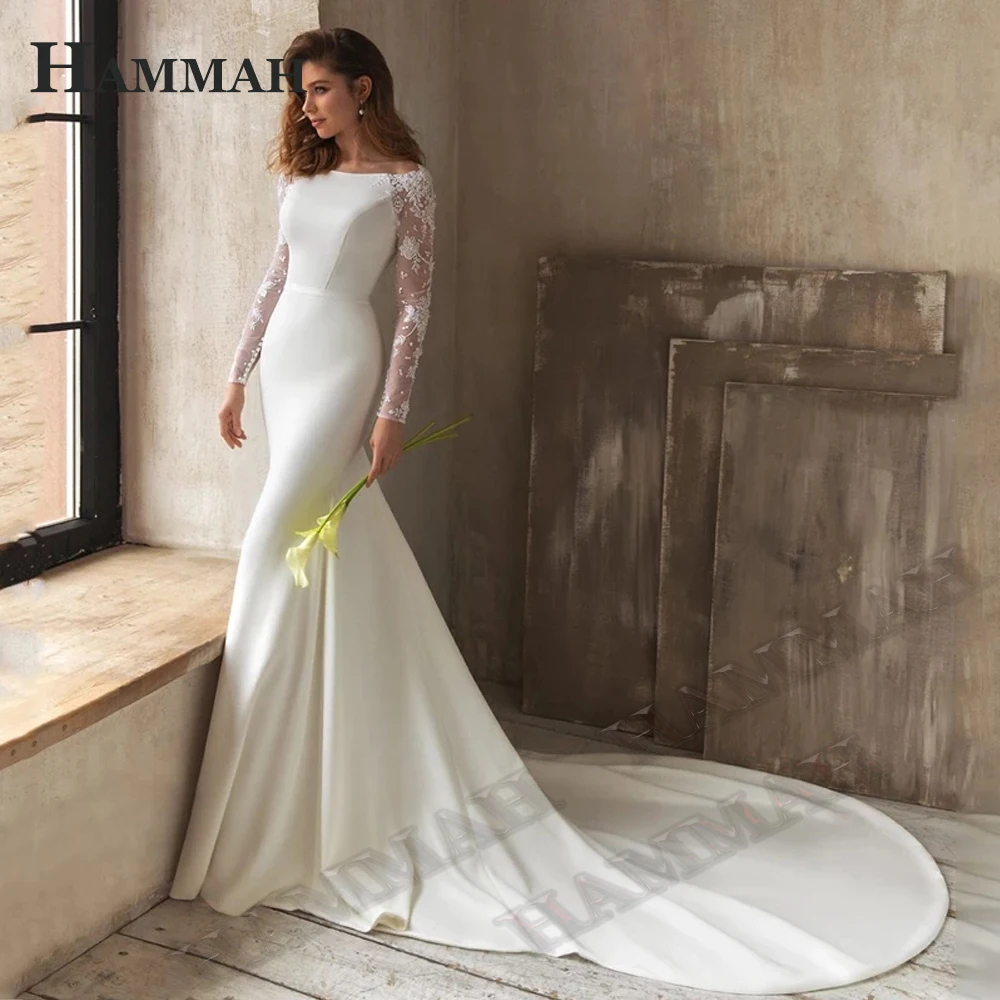 

HAMMAH Full Sleeve Mermaid Wedding Dresses Scoop Backless Satin Sweep Train Appliques Illusion Vestidos De Novia Made To Order