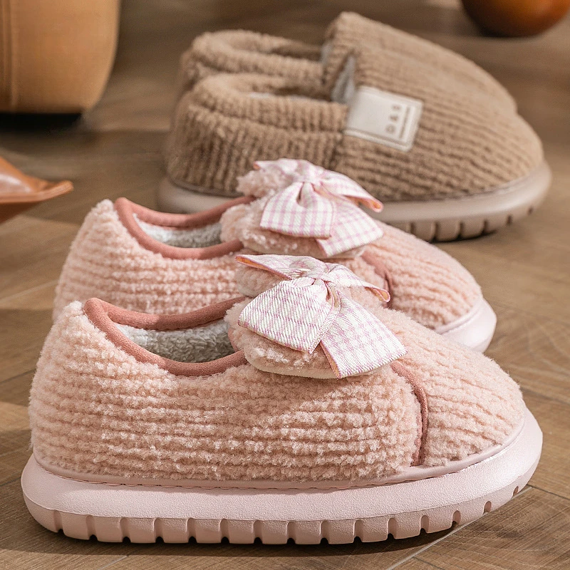 

Домашние плюшевые тапочки WTEMPO с мультяшным бантом для женщин, теплые плюшевые хлопковые тапочки, домашняя нескользящая обувь на толстой подошве для спальни