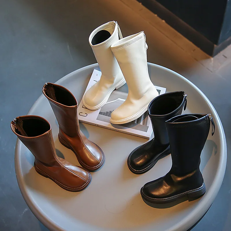 

Children Leather Boots for Girls Simple Classic Fashion Kids Knee-high Boots Cotton Back Zipper Long Motorcycle Winter New