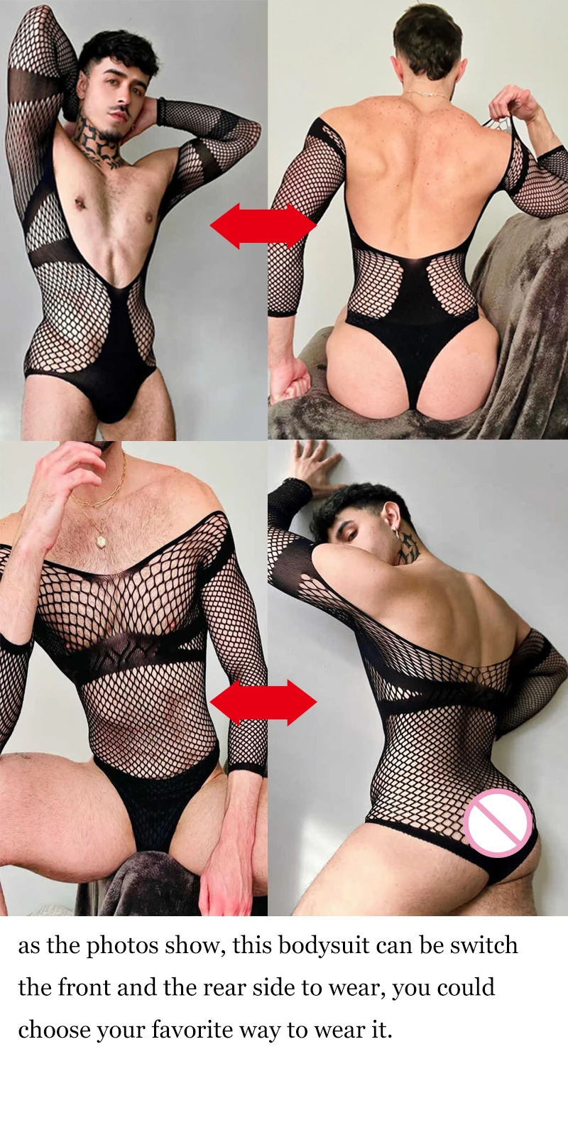 CLEVER-MENMODE Men Bodysuit Mesh Erotic Underwear Sexy Hollow Long Sleeve Transparent One-piece Thong Performance Costumes men bodysuit jumpsuit