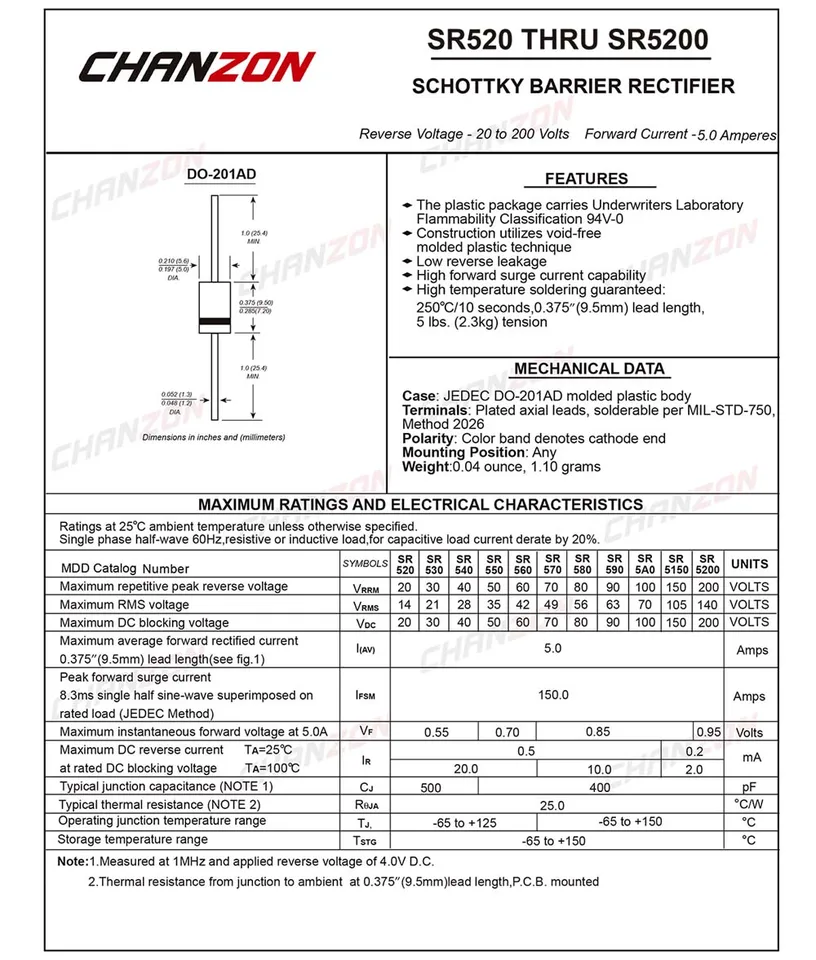 Vishay SB550-E3/54 ショットキーダイオード ダイオード, シングル, 5 A, 50 V スルーホール, 2-Pin DO-201AD  | RS JRXFXEKW 20個 SR5200 ショットキーバリア整流ダイオード 5A 200V DO-201AD/DO-27