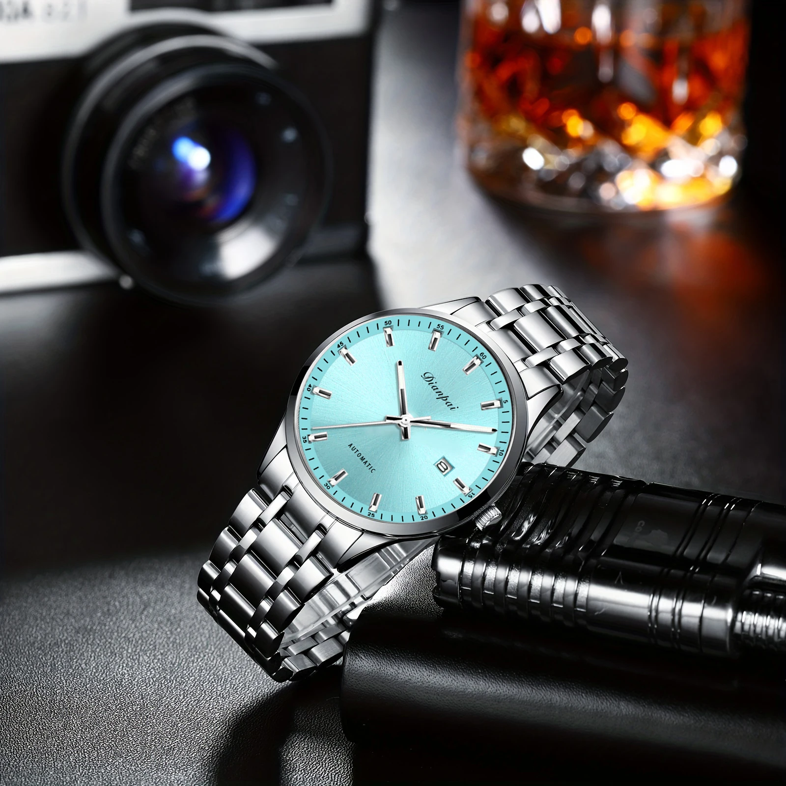 Dianpai New Men's Fully Automatic Mechanical Watch Stainless Steel Calendar Men's Waterproof Luminous Blue Watch mechanical watch