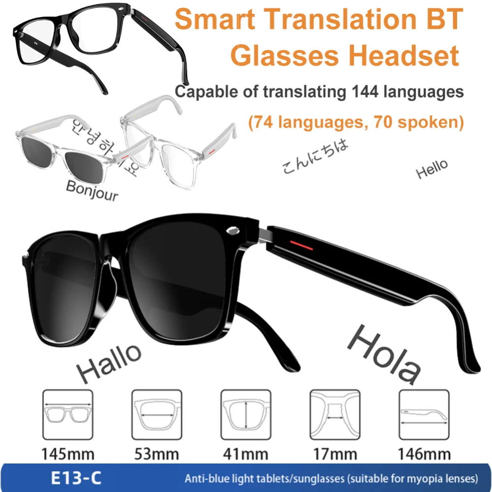 E13 Smart Touch Translation Glasses Wireless Bluetooth Translation Headset UV Protective Polarised Lenses Video Call