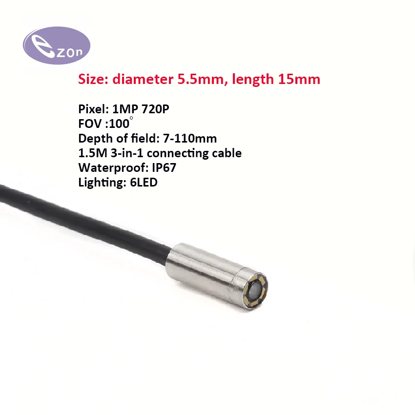 

1MP diameter 5.5mm stainless steel tube endoscope FOV100゜3-in-1 cable USB endoscope probe EZ-EN55S-R