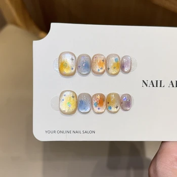 10PCS Colorful Bubble Cat Eye Handmade Press on Nails Dopamine Glossy Short Square Round Fake Nails Sweet Candy False Nail Tips