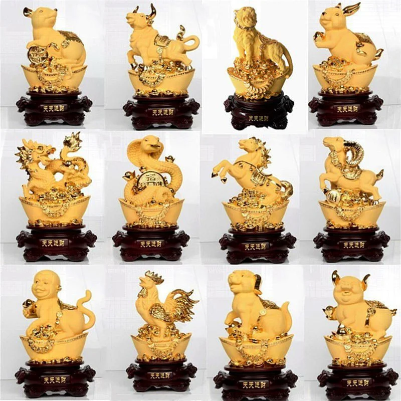 12 Chinese Zodiac Animals Figurines Resin Golden Feng Shui Chinese