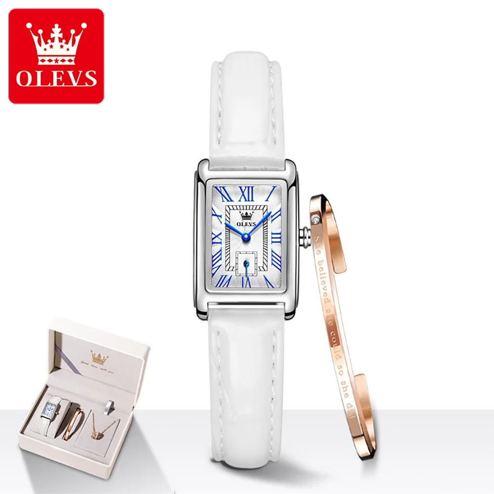 OLEVS 6625 Luxury women's Watches Red Quartz Waterproof Watch For Women Leather Strap stylish Lady Wrist Watch Bracelet Set