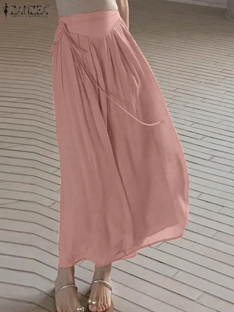 

Elegant Long Trousers ZANZEA Wide Leg Pant 2023 Autumn Women Casual Loose Pleated Hem Solid High Waist Elastic Pocket Pantalon
