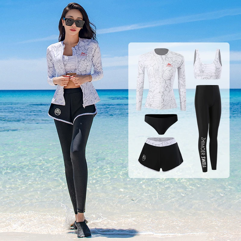 Long Sleeve Pants Rash Guard Women Printed 5 Pieces Swimsuit Zipper Swimwear Bathing Suits Surfing Couples Men 3 Piece New