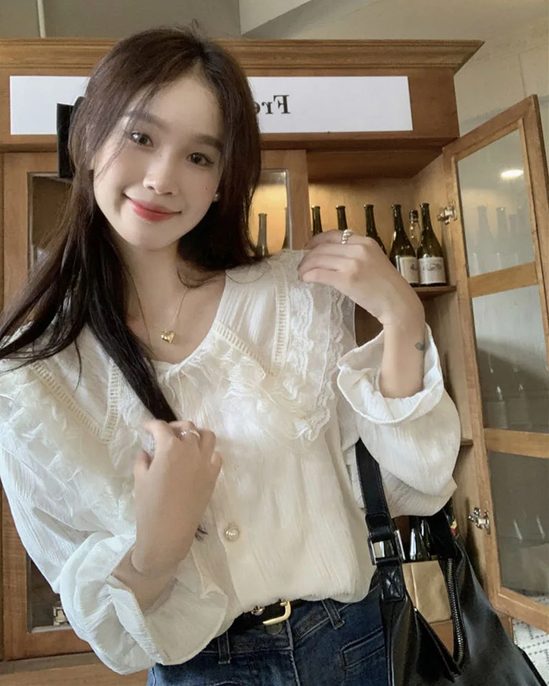 Lucyever Women's White Chiffon Blouse Spring New Sweet Lace Collar Long Sleeve Shirts Female Korean Chic Buttons Up Shirt Tops