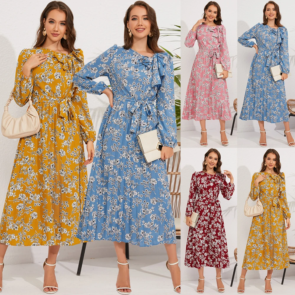 

Women O Neck Floral Print Bow Belt Swing Dress Lady Casual Party Mid Calf Dresses