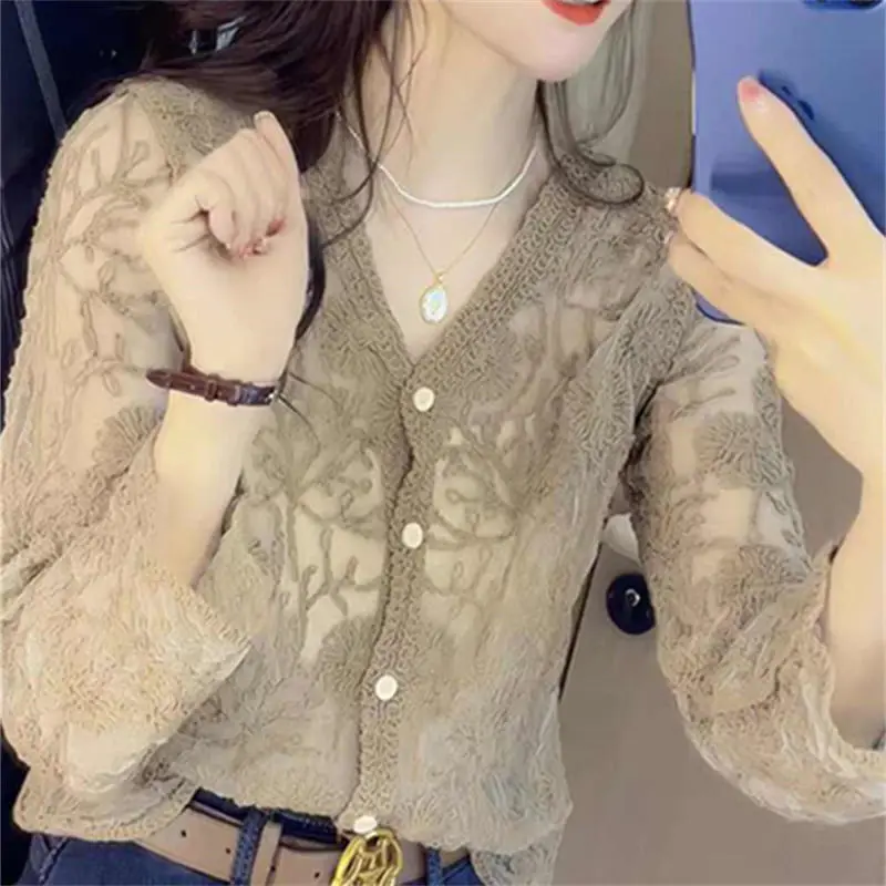 Korean Lace Hollow Out Shirt Women's Clothing Elegant V-Neck Single-breasted Spring Summer Commute Fashion Gauze Straight Blouse