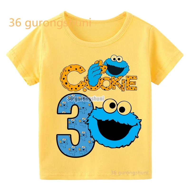 Koszulki dla dzieci Elmo Cookie Monster 3 4 5 6 stare urodziny dziecka chłopięce ubrania Cartoon T Shirt dziecięce ubrania chłopcy żółte T-shirty