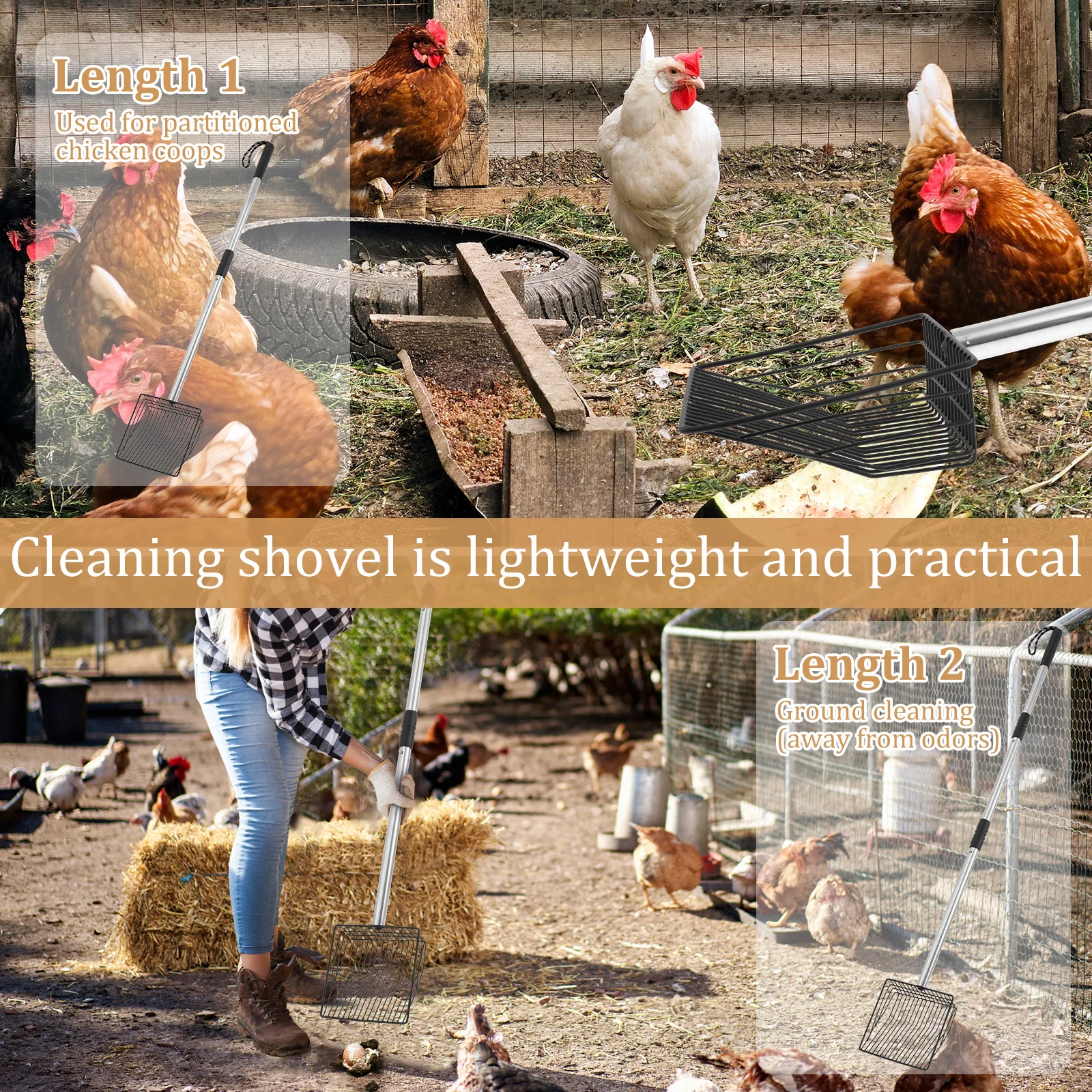 Chicken Pooper Scooper Stainless Steel Cat Litter Shovel with Adjustable Handle Multi-role Cleaning Tool for Pet Poultry Manure