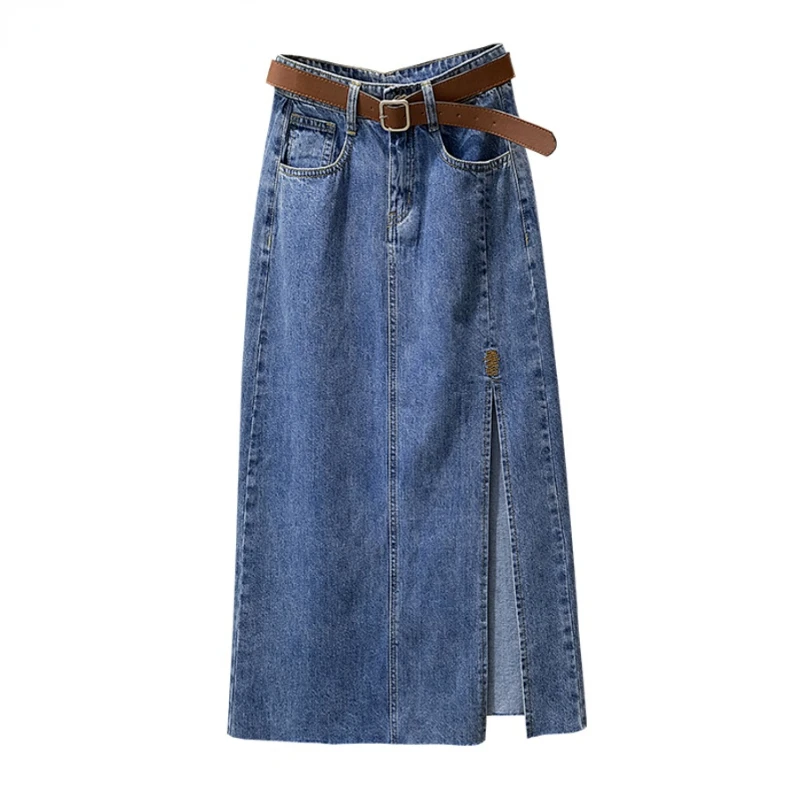 

High Waisted Split Denim Skirt with Buttocks Retro Mid Length Skirt A-line Embroidery Oversized Women's Clothing Drop Shipping