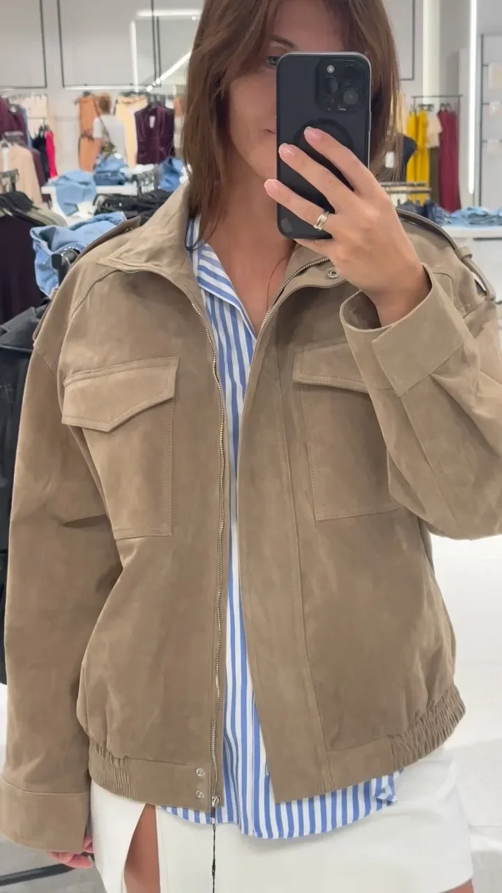 Women Suede Jacket – Stand Collar Casual Outerwear With Zipper Pockets, Loose Fit Coat