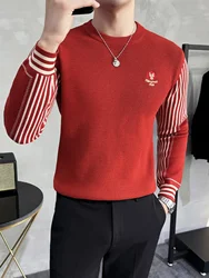 Autumn/Winter Knitted Sweater for Men Stripe Stitching Long Sleeve Slim Casual Knitted Pullovers Round Neck Bottoming Shirt 2023