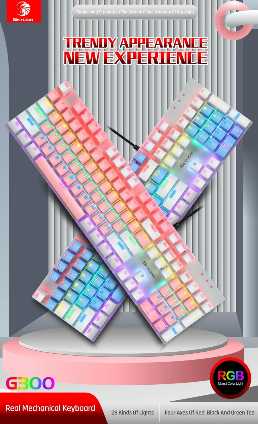 Teclado mecánico con cable Skylion G300, 28 tipos de iluminación colorida para juegos y oficina para sistemas Windows e iOS