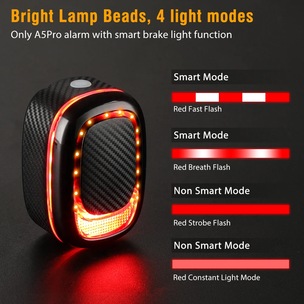 WSDCAM-luz trasera inteligente para bicicleta, luz de freno recargable por USB para conducción nocturna, resistente al agua IPX5