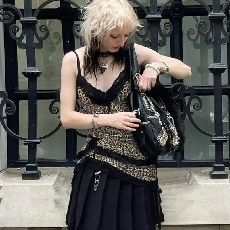 Street Sle  Knot Lace Splice Leopard Print Crop Top Design Sense Hemline Vest WEEKEEP Trendy Women's Faion