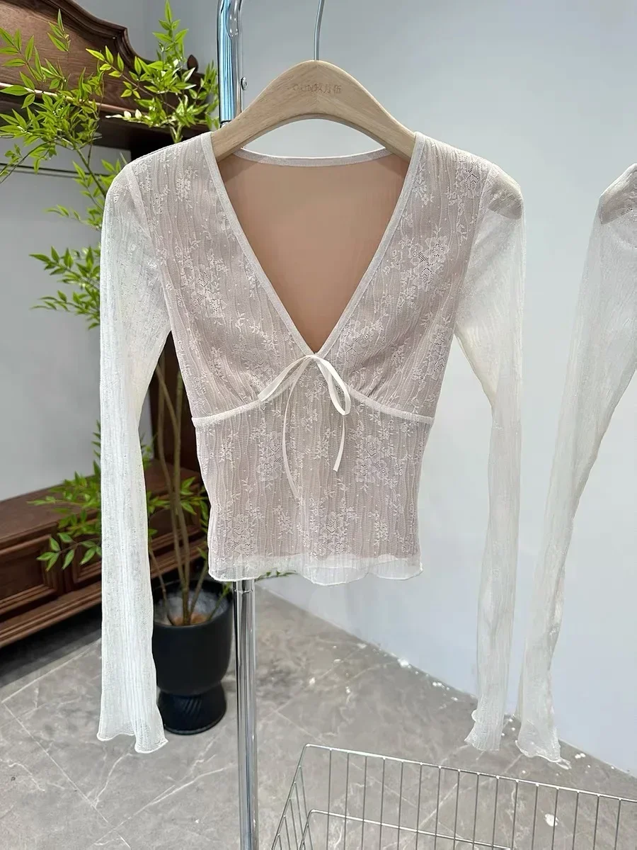 Korean Fashion Crop Top y2k Aesthetic Sweet Lace Patchwork Long Sleeve T Shirt with Bow 2000s Women Clothes Streetwear