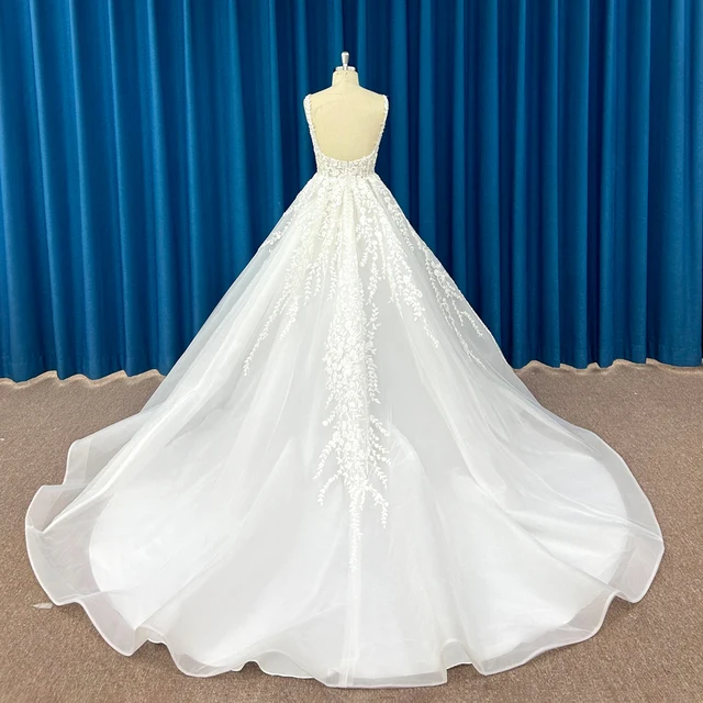 Factory Wholesale Romantic Women's Long Dress For Wedding Backless Organza Wedding Dress Square Collar Suknia ślubna LSSM021 2