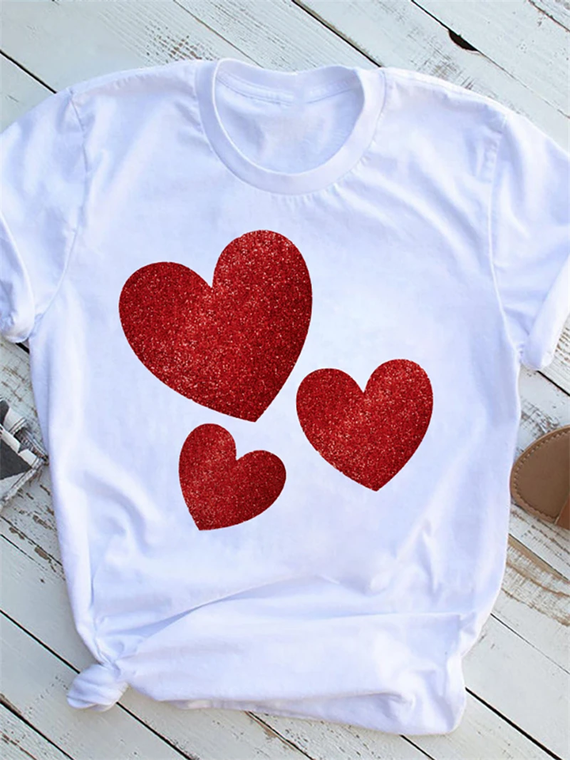 

Valentines Day Woman Tshirts Love Hearts Printed T-shirt Casual Fashion Short Sleeve Tops Tees Streetwear Comfortable Tshirt