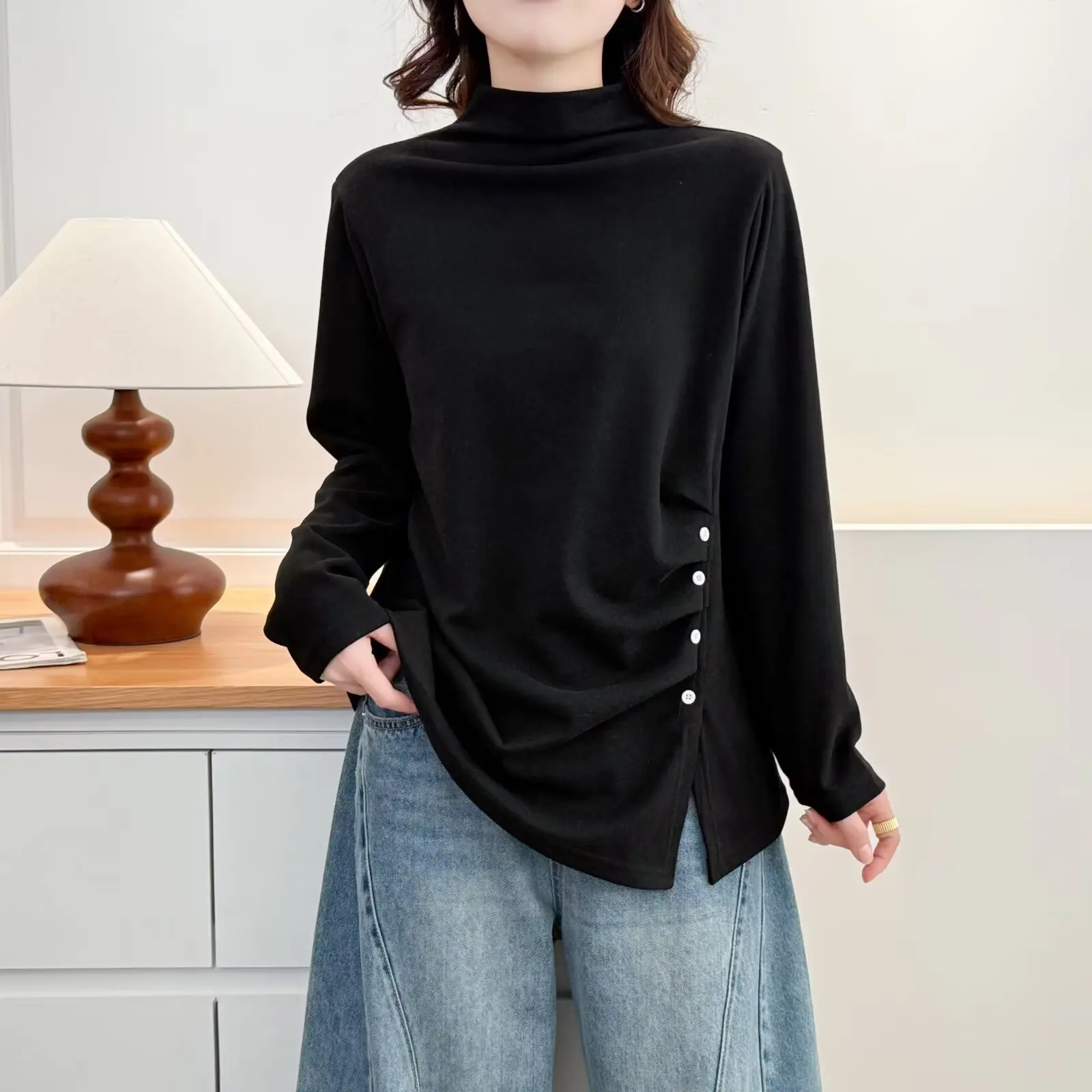 XXXXL Fashion Plus Size Women's T-Shirt New Autumn And Winter Style High Collar Pleated Slit Long Sleeved Tops 2521