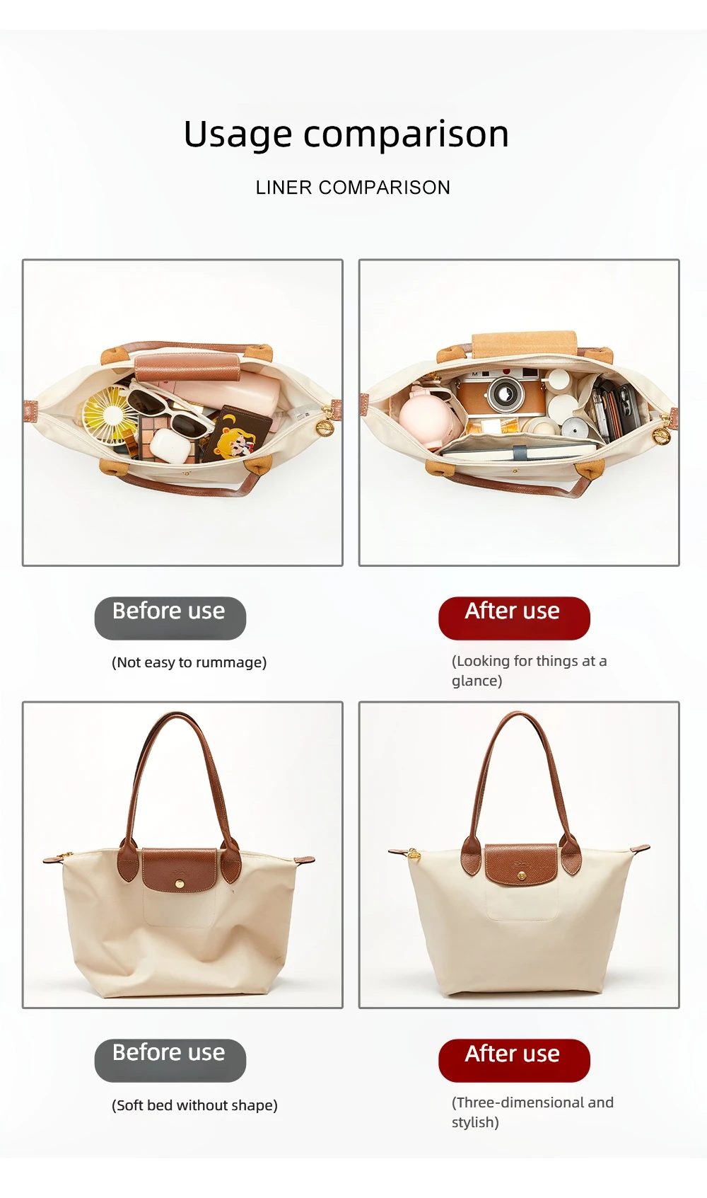 Bag organizer insert for Longchamp bag nylon storage durable bag support storage inner modification bag accessories
