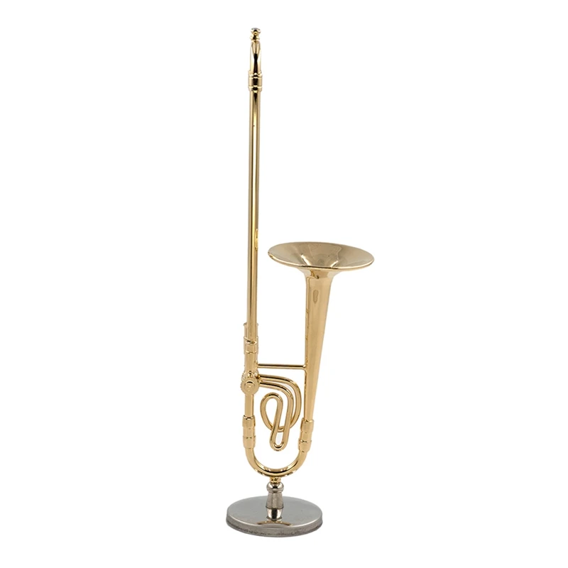 12Cm Miniature Pure Copper Trombone Model With Support Mini Musical Instrument Model With Black Leather Box