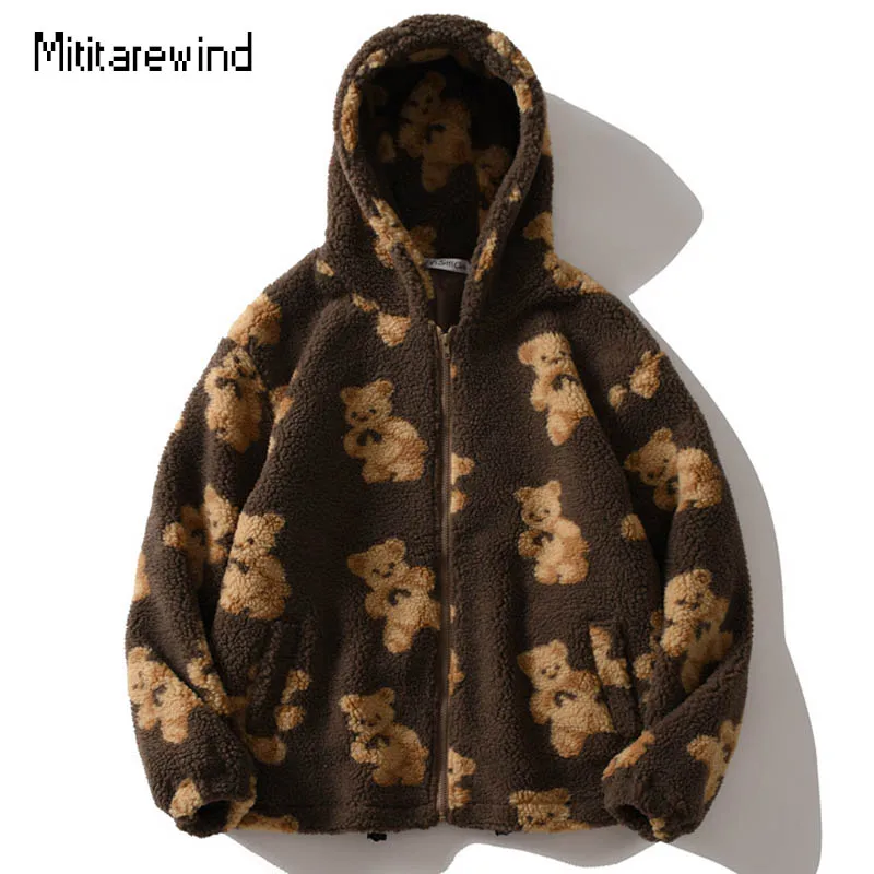 

Hip Hop Y2k Zip Hoodie Bear Printed Lamb Wool Thicken Warm Hooded Korean Streetwear Mens Designer Pullover Hoodies Sweatshirts