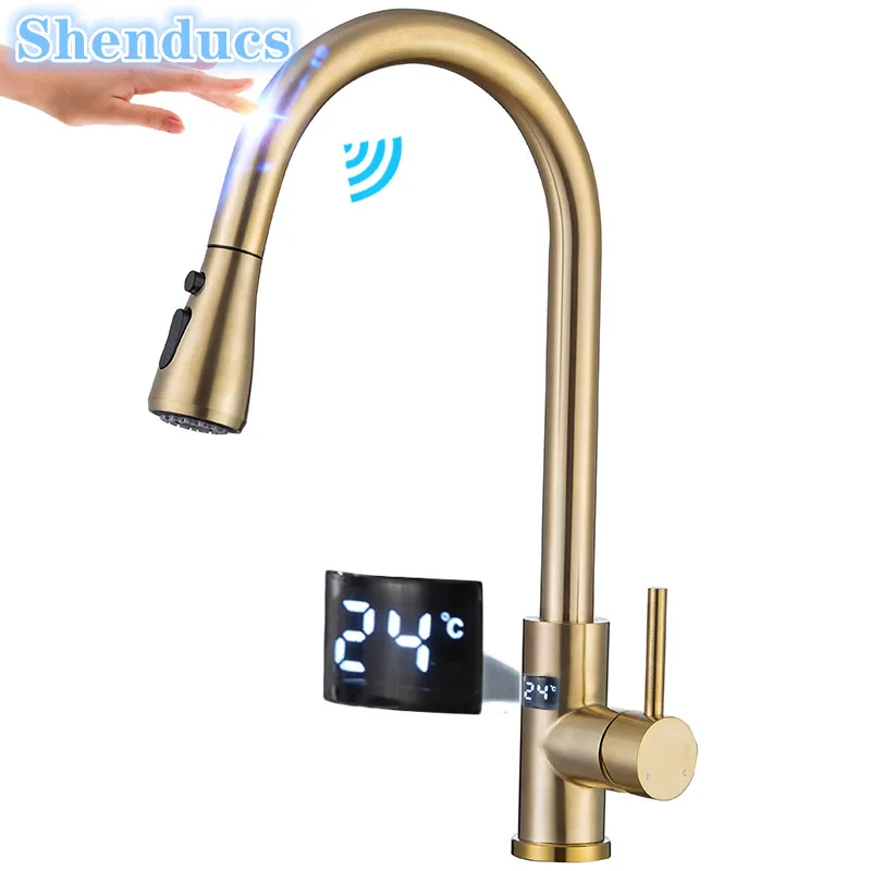 Touch Digital Kitchen Faucets 304 Stainless Steel Hot Cold Kitchen Sink Mixer Tap Brushe Gold Sensor Touch on Kitchen Faucets
