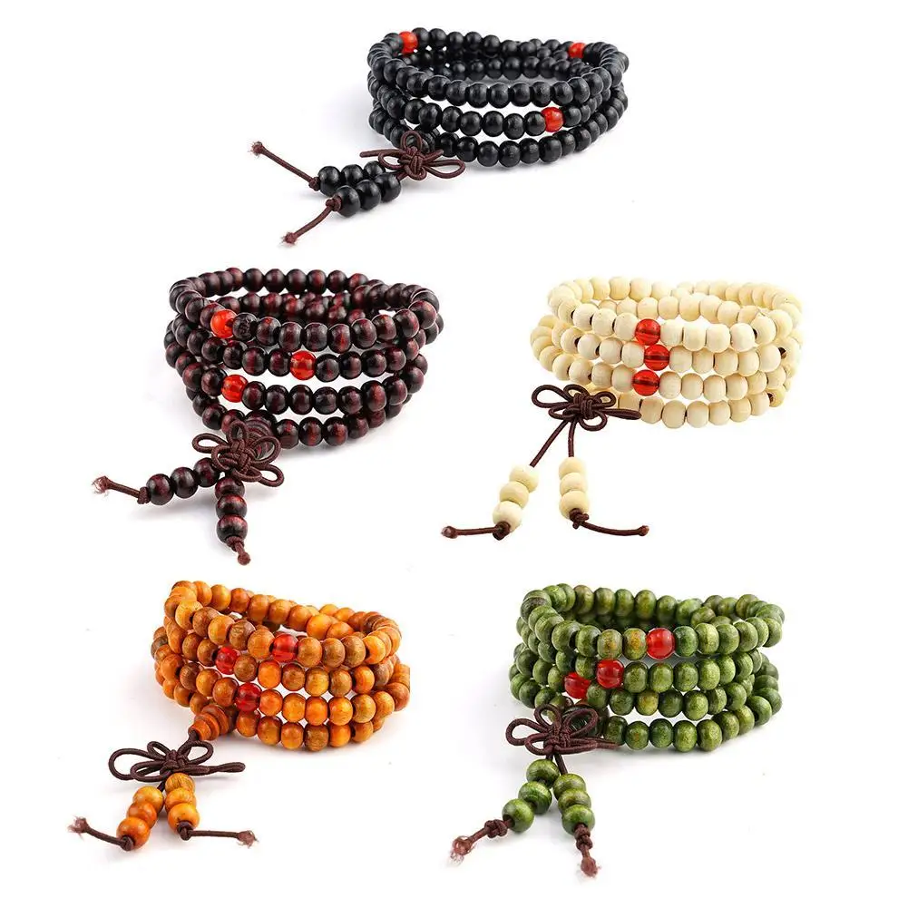 6MM Chinese Knot Bead Bracelet Tibetan Buddha Wood Beaded Sandalwood Beads Bracelet Multilayer For Women Men Meditation Necklace