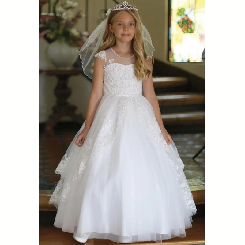 

White Flower Girl Dresses Tulle Appliques Lace Hem Short Sleeve For Wedding Birthday Party Banquet First Communion Gowns