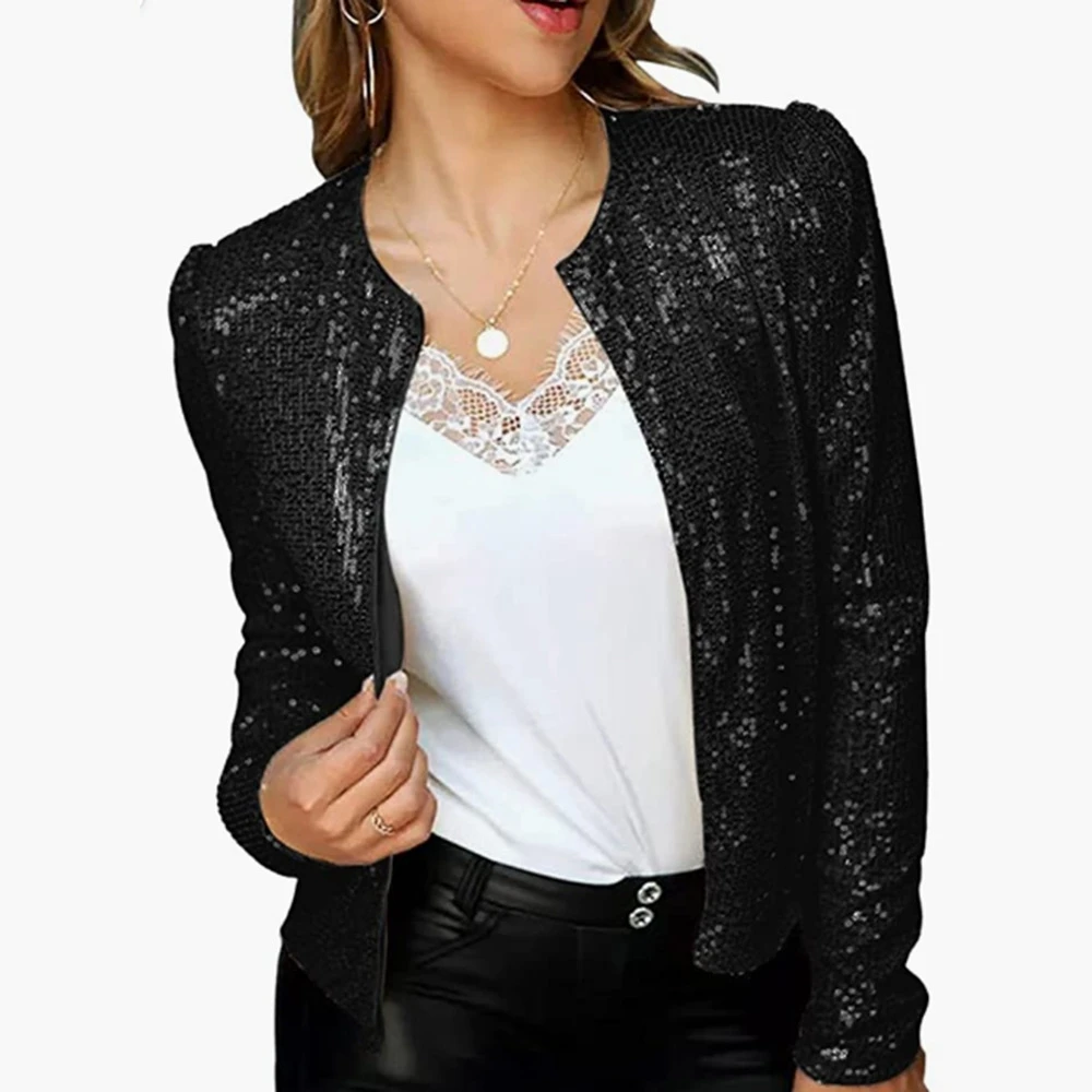 2022 New Fashion Women's Autumn Vintage Slim Sequin Rock Femme Zipper Jacket Summer Long Sleeve Street Wear Short Coat Ball Tops