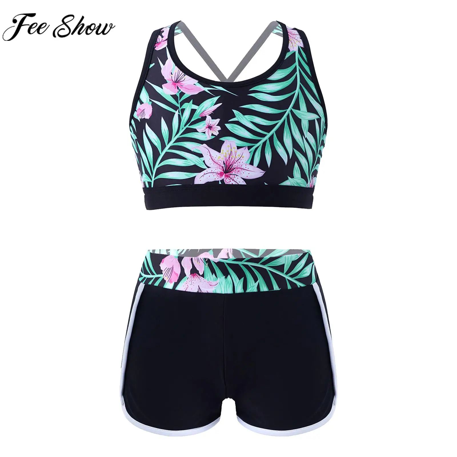 

Kids Girls Print Swimsuit Crisscross Straps Crop Top with Boyshorts Shorts Swimwear for Beach Pool Water Park Swimming Bathing